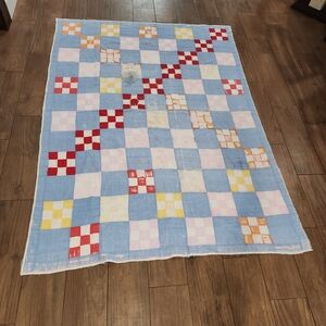 Vintage PATCHWORK QUILT Throw Blanket 83"x61" Inches Squares Handmade